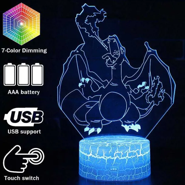 3D Illusion Glurak Charizard Nachttischlampe Mit Fernbedienung Und Farbwechsel Nachtlicht