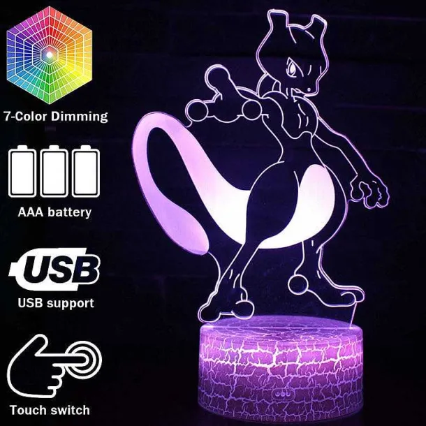 Mew Oder Mewtwo / Mewtu Nachttischlampe 3D Effekt, 16 Farben, Fernbedienung
