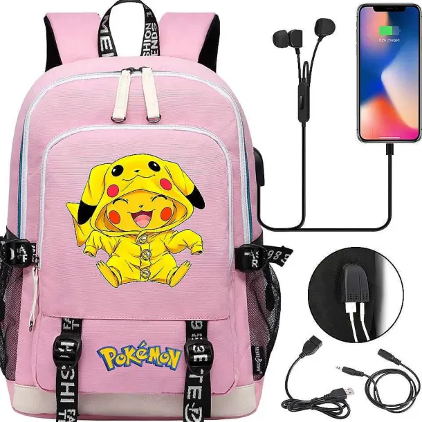 Pikachu Pokemon Rucksack Mit Usb - Ideal Fur Laptops Und Fur Die Schule