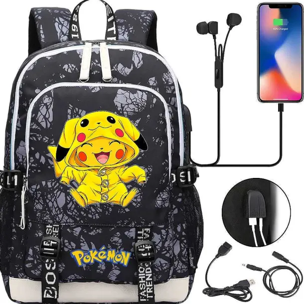 Pikachu Pokemon Rucksack Mit Usb - Ideal Fur Laptops Und Fur Die Schule