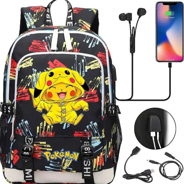 Pikachu Pokemon Rucksack Mit Usb - Ideal Fur Laptops Und Fur Die Schule