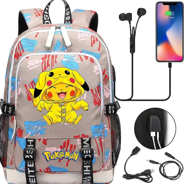 Pikachu Pokemon Rucksack Mit Usb - Ideal Fur Laptops Und Fur Die Schule