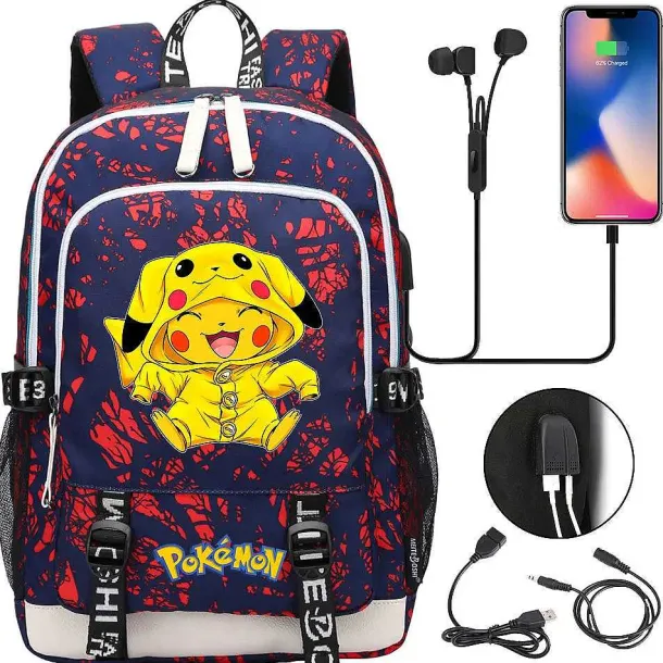 Pikachu Pokemon Rucksack Mit Usb - Ideal Fur Laptops Und Fur Die Schule