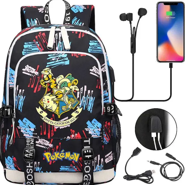 Pikachu Pokemon Rucksack Mit Usb - Ideal Fur Laptops Und Fur Die Schule