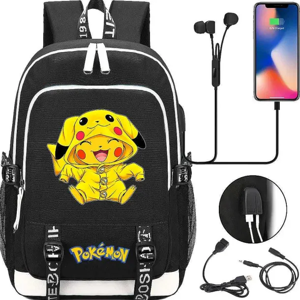 Pikachu Pokemon Rucksack Mit Usb - Ideal Fur Laptops Und Fur Die Schule