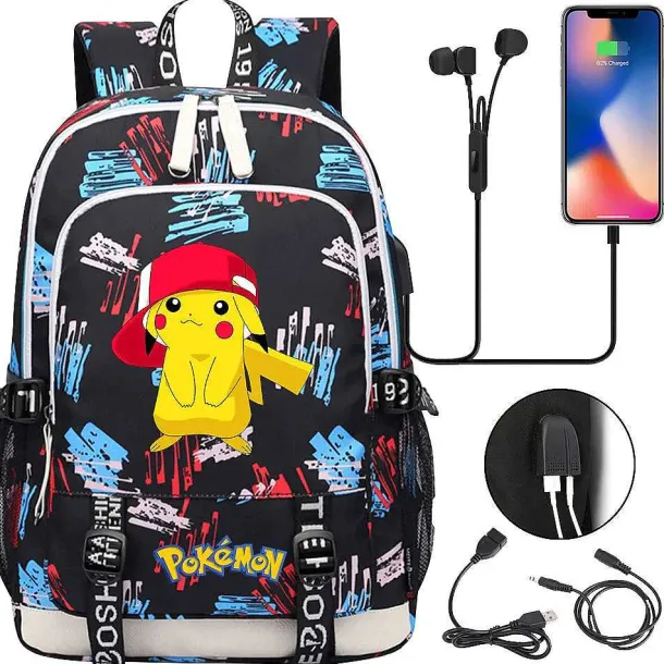Pikachu Pokemon Rucksack Mit Usb - Ideal Fur Laptops Und Fur Die Schule