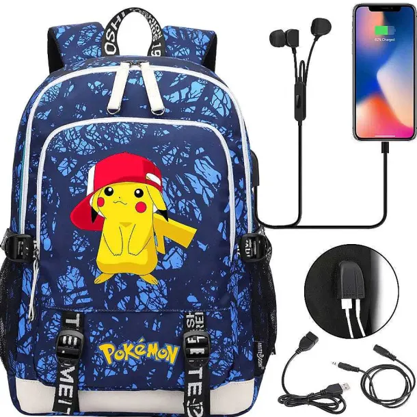 Pikachu Pokemon Rucksack Mit Usb - Ideal Fur Laptops Und Fur Die Schule