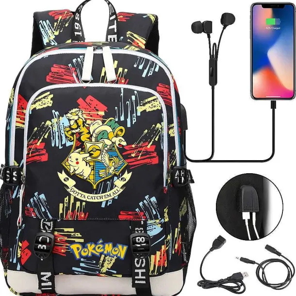 Pikachu Pokemon Rucksack Mit Usb - Ideal Fur Laptops Und Fur Die Schule
