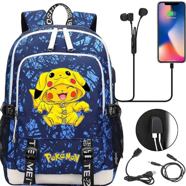 Pikachu Pokemon Rucksack Mit Usb - Ideal Fur Laptops Und Fur Die Schule