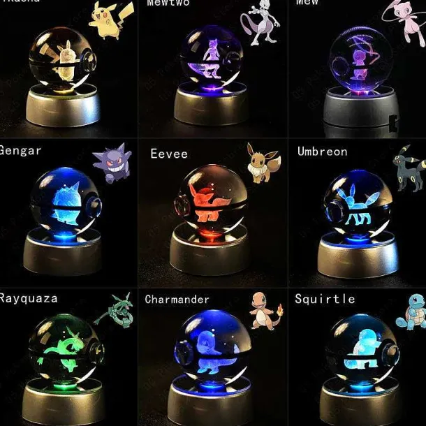 Pokemon 3D Krystal Ball Pikachu Gengar Mew Mewtwo Etc.